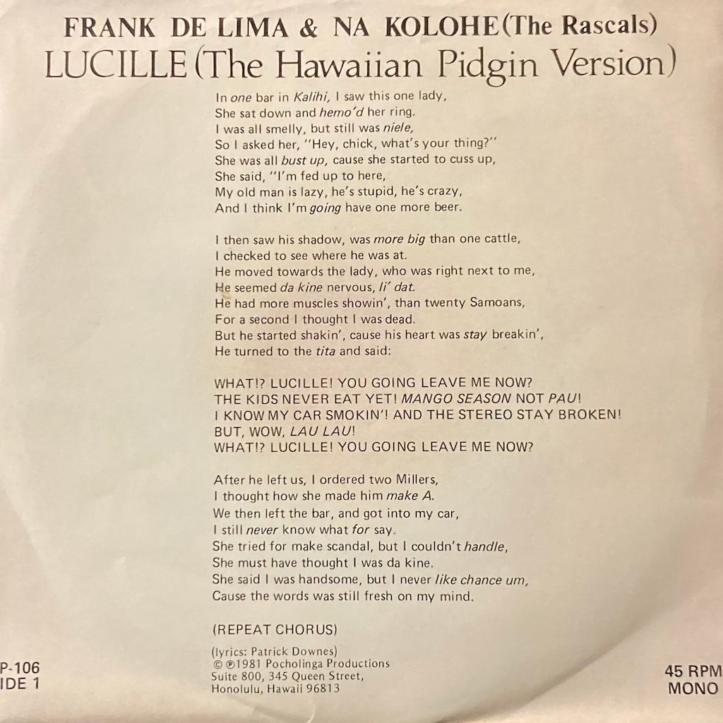 Frank De Lima & Na Kolohe (The Rascals) - Lucille (The Hawaiian Pidgin Version)