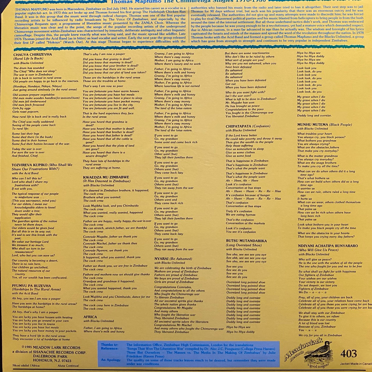 Thomas Mapfumo – The Chimurenga Singles 1976-1980