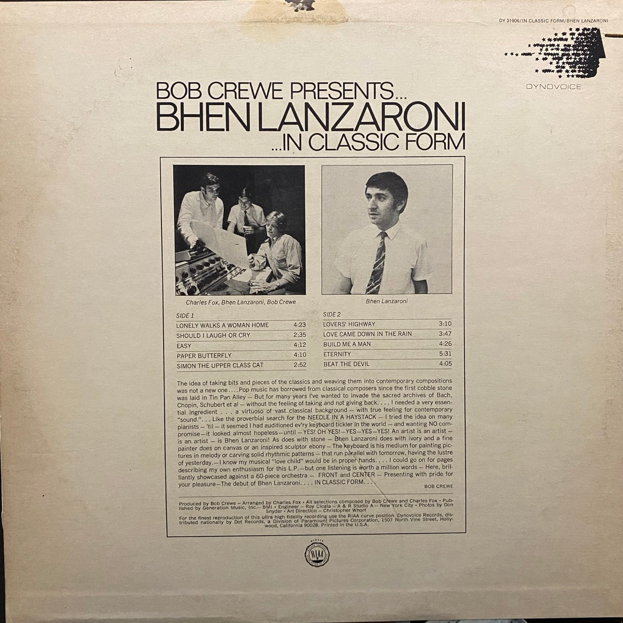 Bhen Lanzaroni With The Bob Crewe Generation Orchestra – In Classic Form