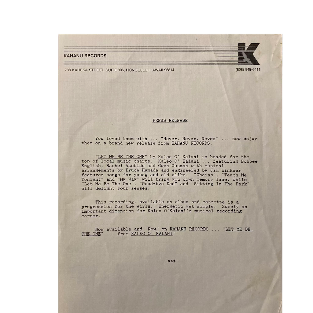 Kaleo O Kalani - Let Me Be The One [Promo Copy w/ Press Release Note]