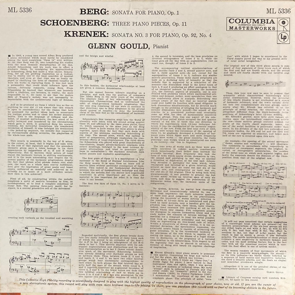 Glenn Gould - Berg / Křenek / Schoenberg – Sonata For Piano, Op. 1 / Sonata No. 3 For Piano, Op. 92, No. 4 / Three Piano Pieces, Op. 11