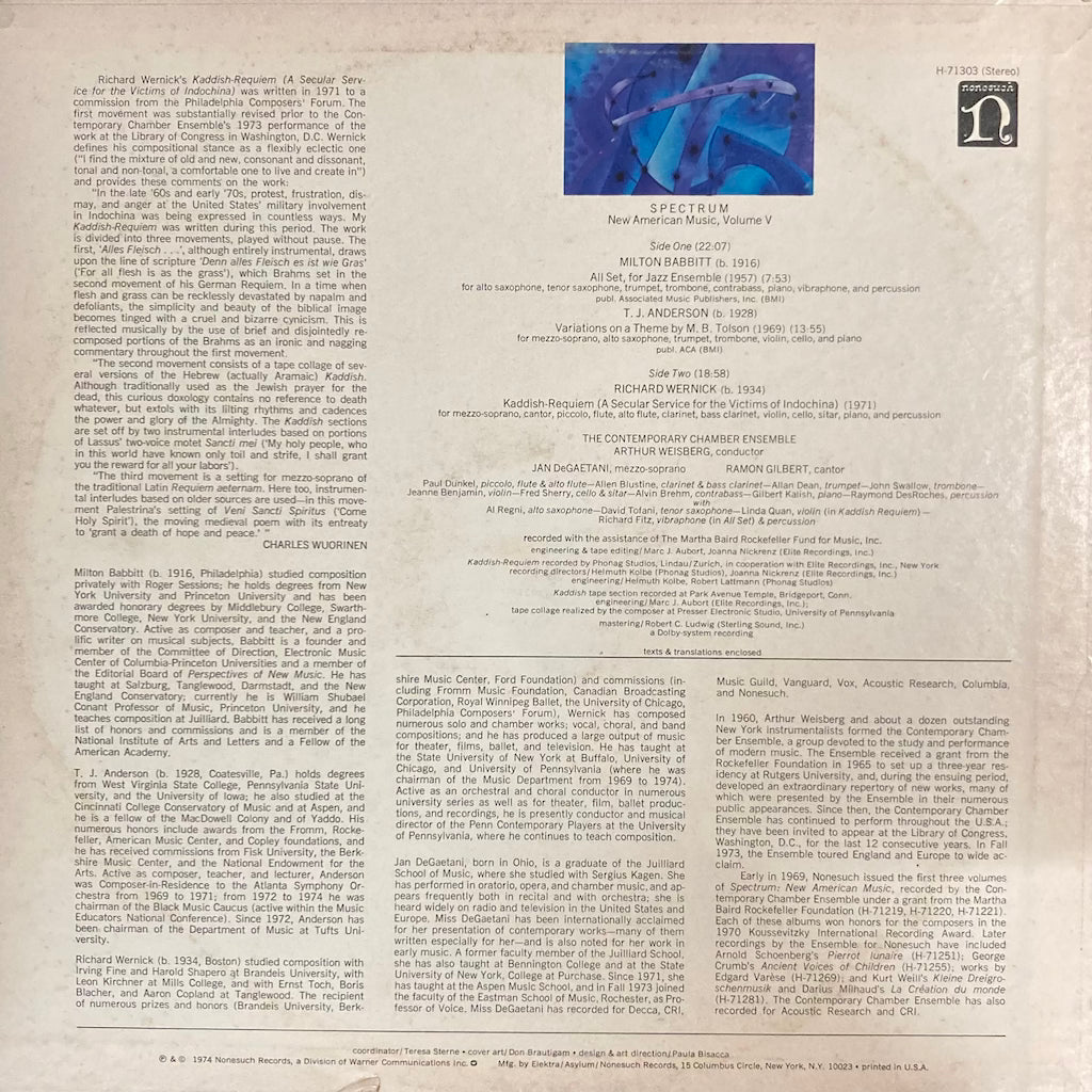Milton Babbitt / T.J. Anderson / Richard Wernick, The Contemporary Chamber Ensemble, Arthur Weisberg – Spectrum: New American Music, Volume V