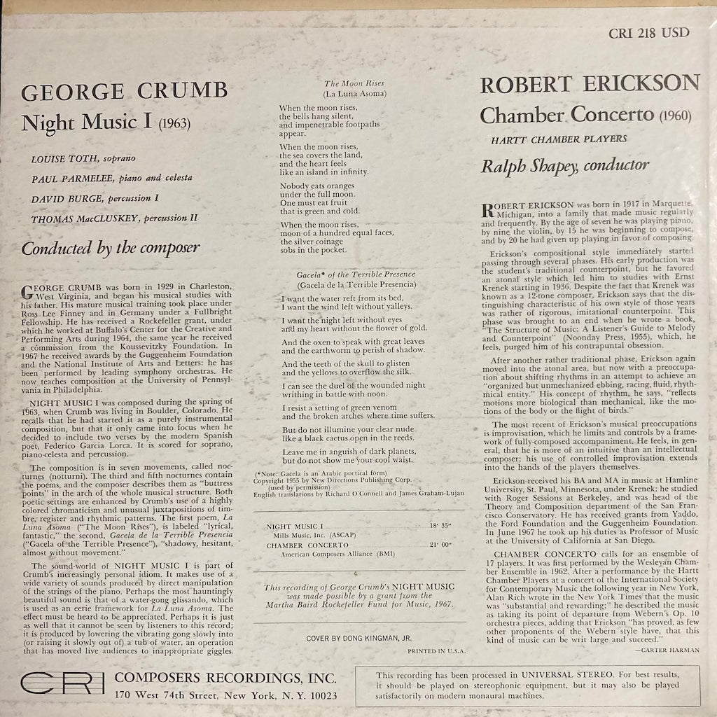 George Crumb / Robert Erickson - Night Music 1 / Chamber Concerto