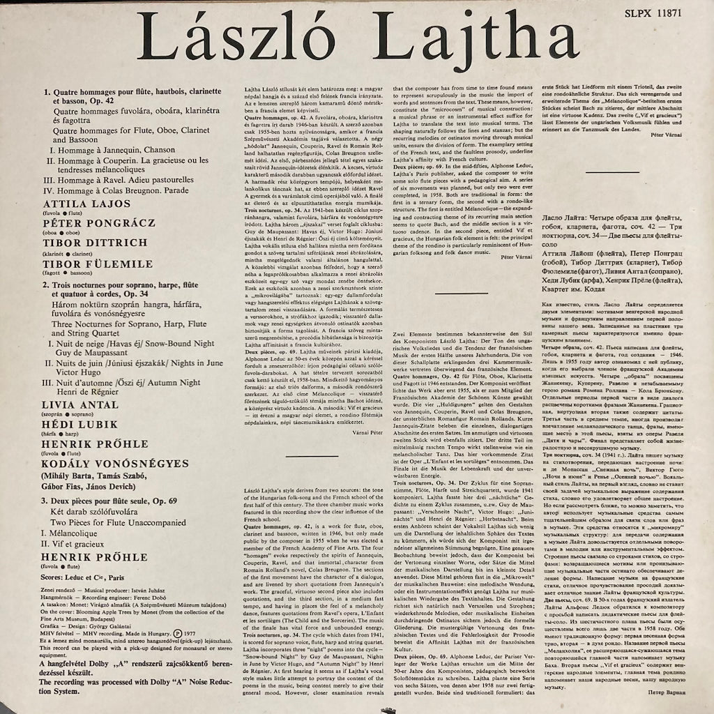 Laszlo Lajtha - Quatre Hommages / Trois Nocturnes / Deux Pieces Pour Flute Seule