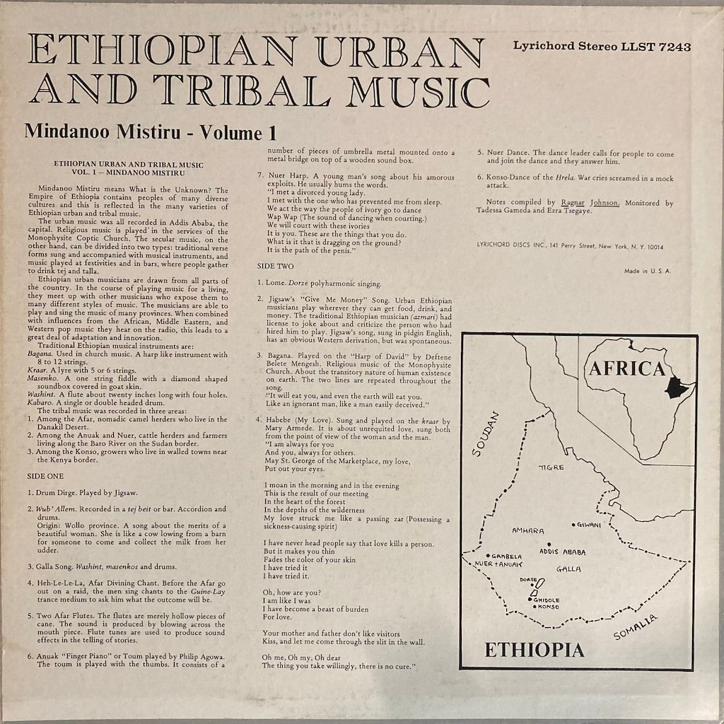 V/A ‎– Ethiopian Urban And Tribal Music - Mindanoo Mistiru - Volume 1